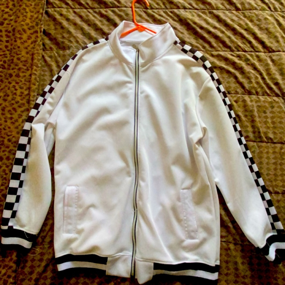 F11854-Checker Track Jacket Zipper -WHITE